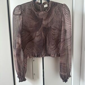 Wilfred Chiffon Brown Swirl Cropped Long Sleeve Blouse